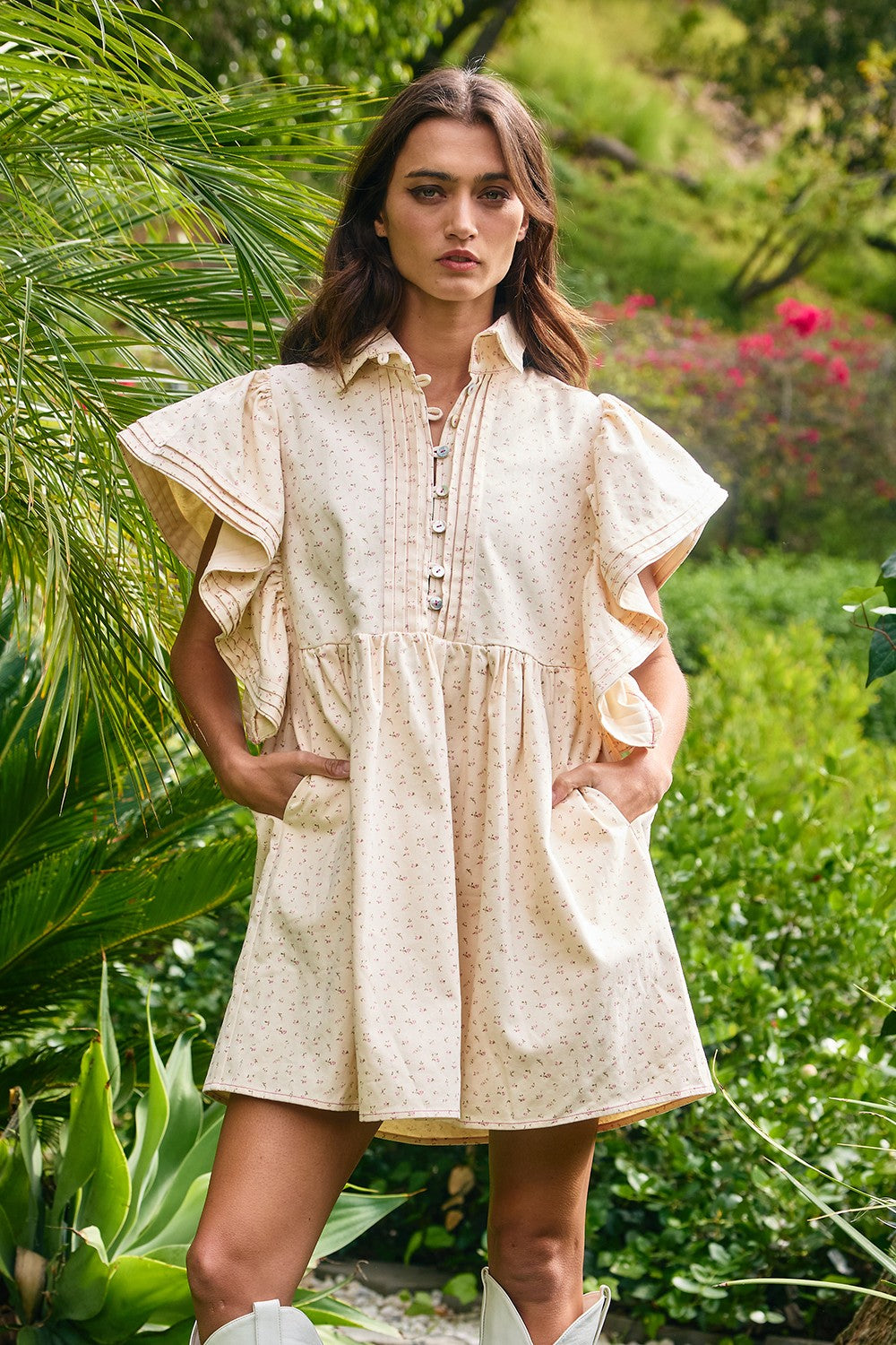 Floral Print Ruffled Sleeve Mini Dress-Cream & Pink