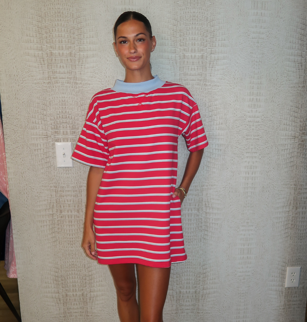Striped Sweatshirt Dress-Red/Blue