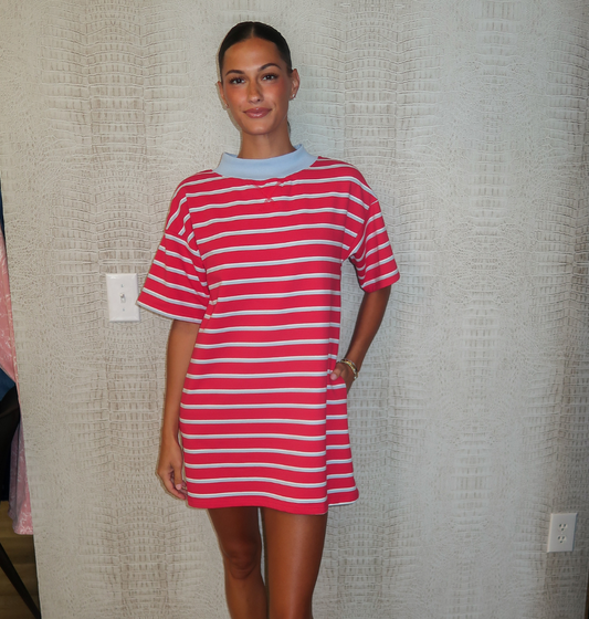 Striped Sweatshirt Dress-Red/Blue