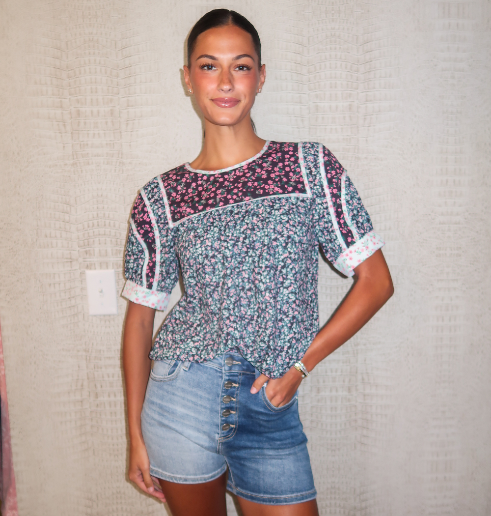 Blue Floral Boho Peasant Top