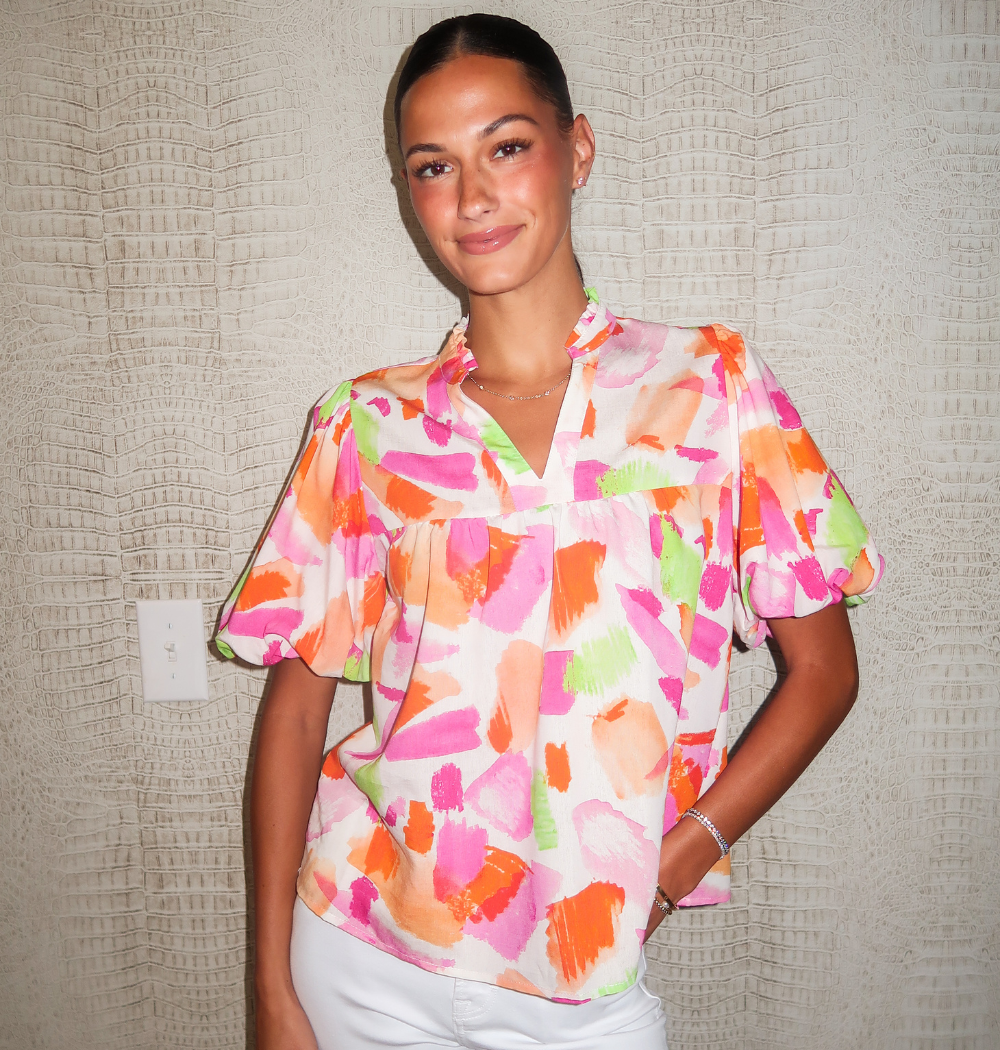 Abstract Print Puff Sleeve Top