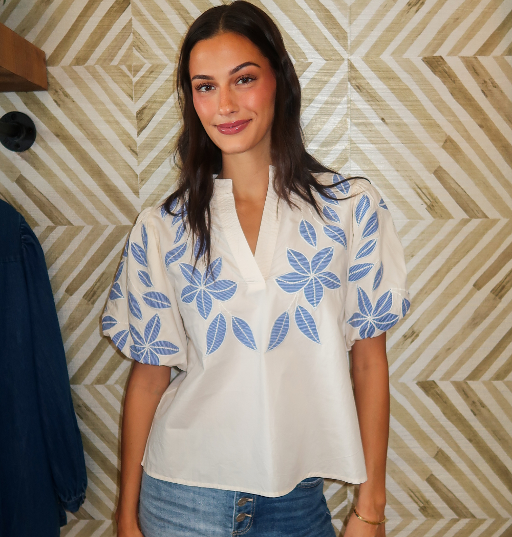 Puff Sleeve Floral Embroidery Top
