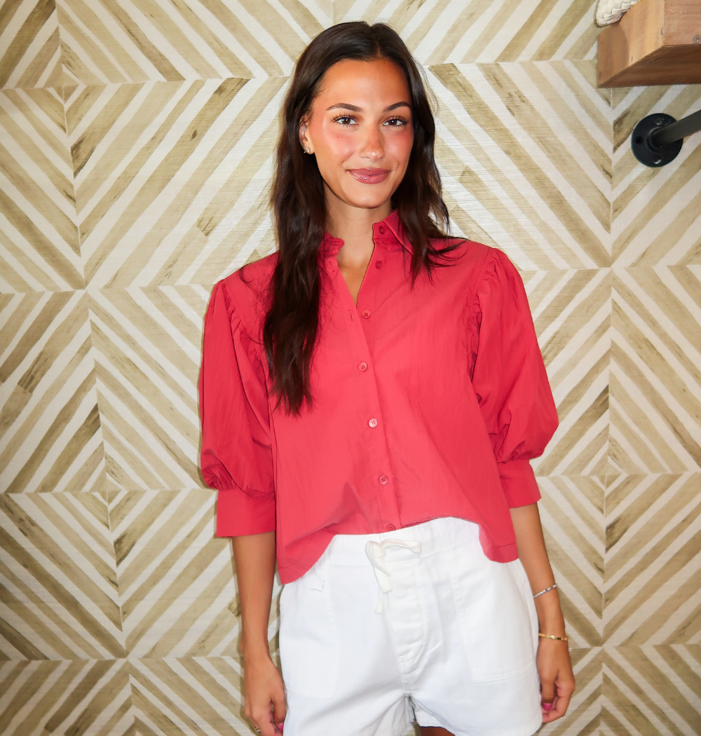 Red Puff Sleeve Button Down Shirt