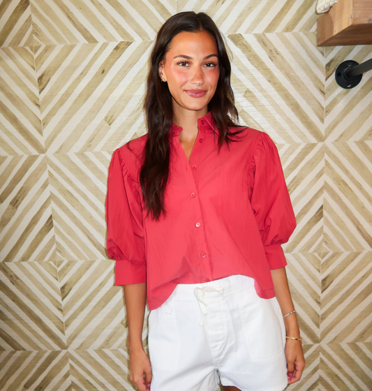 Red Puff Sleeve Button Down Shirt