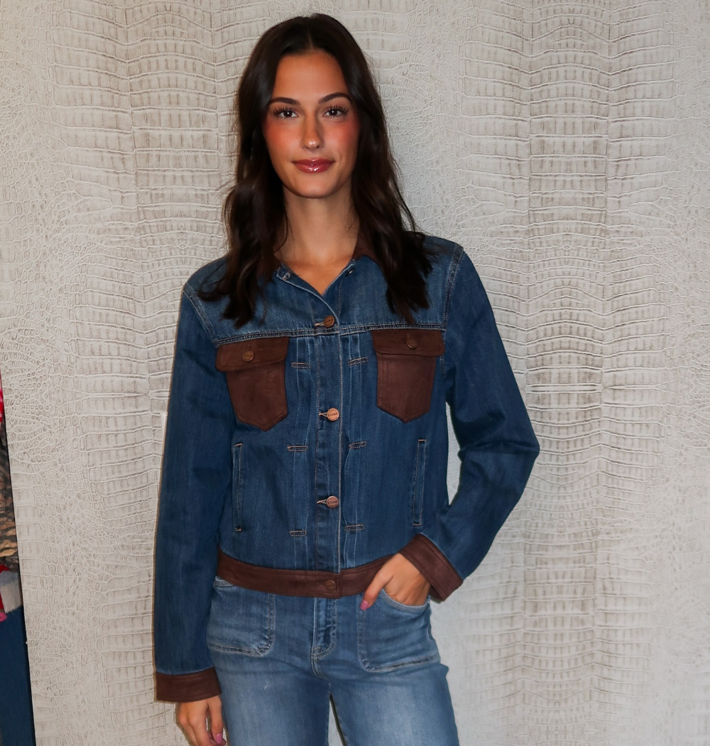 Blue Jean Jacket With Brown Suede Trim