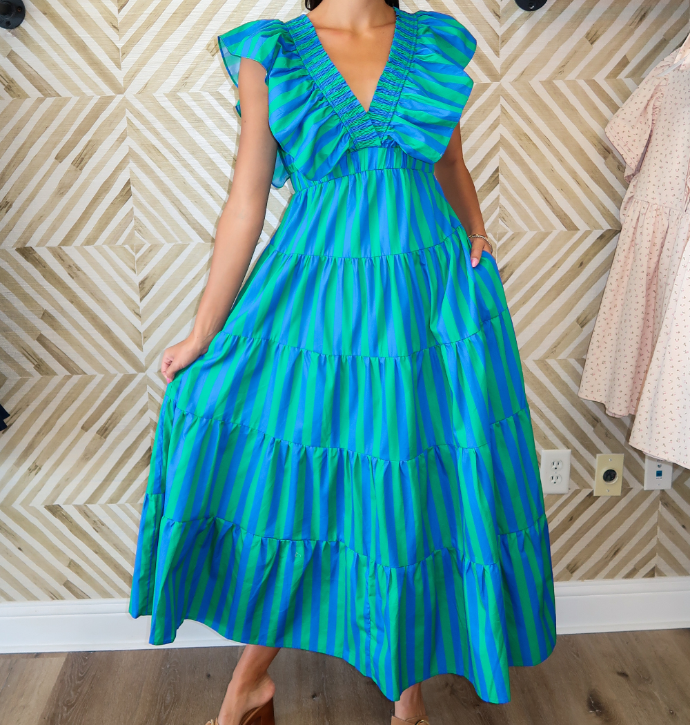 Green/Blue Striped Ruffle-Sleeve Dress
