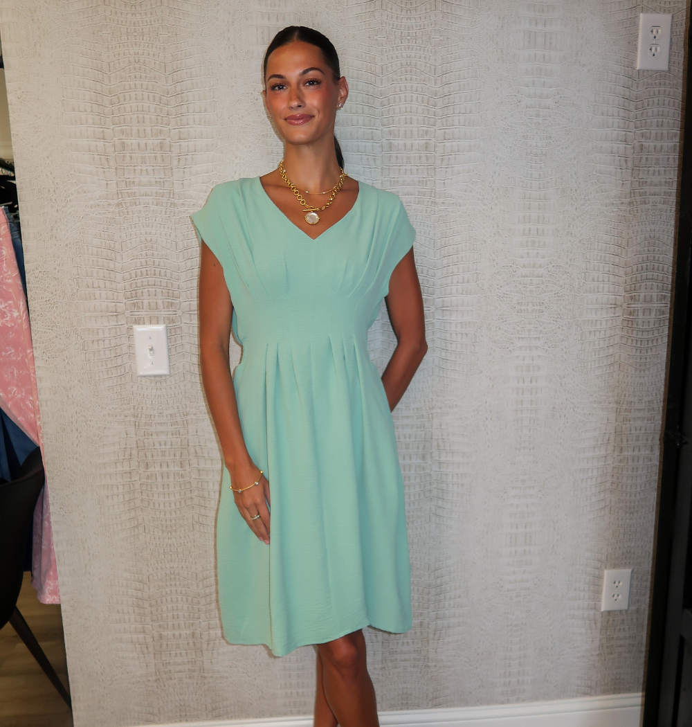 V-Neck Cap Sleeve Dress-Sage