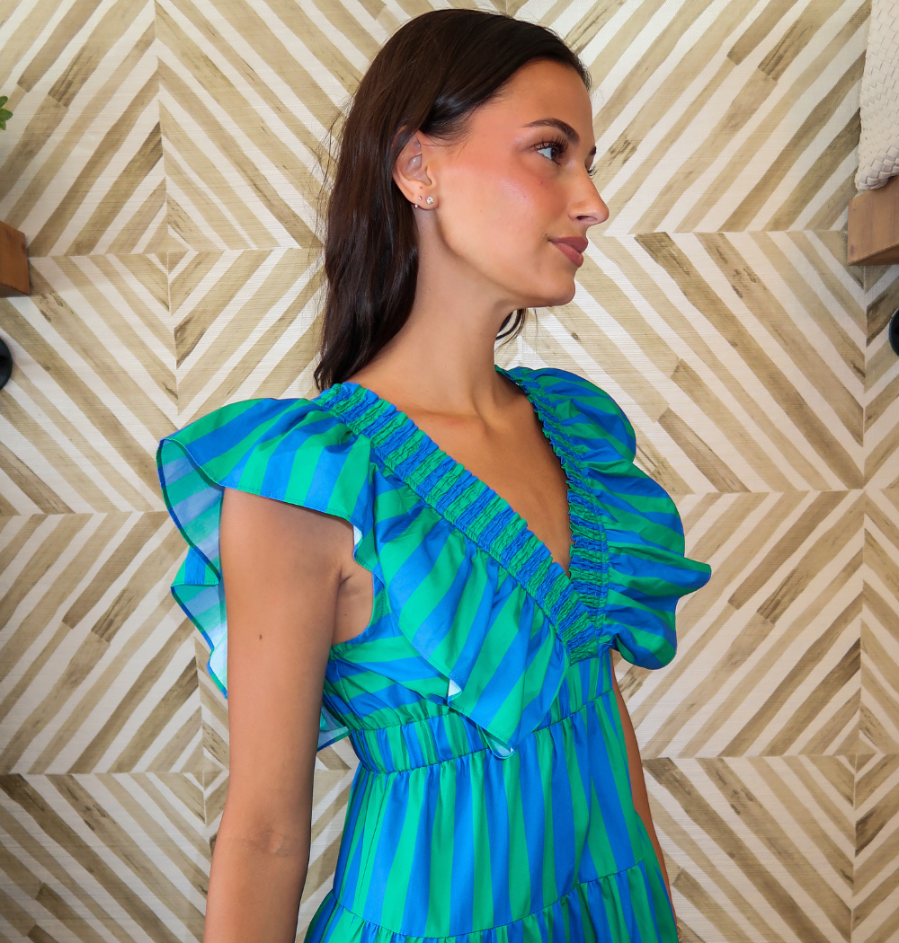 Green/Blue Striped Ruffle-Sleeve Dress