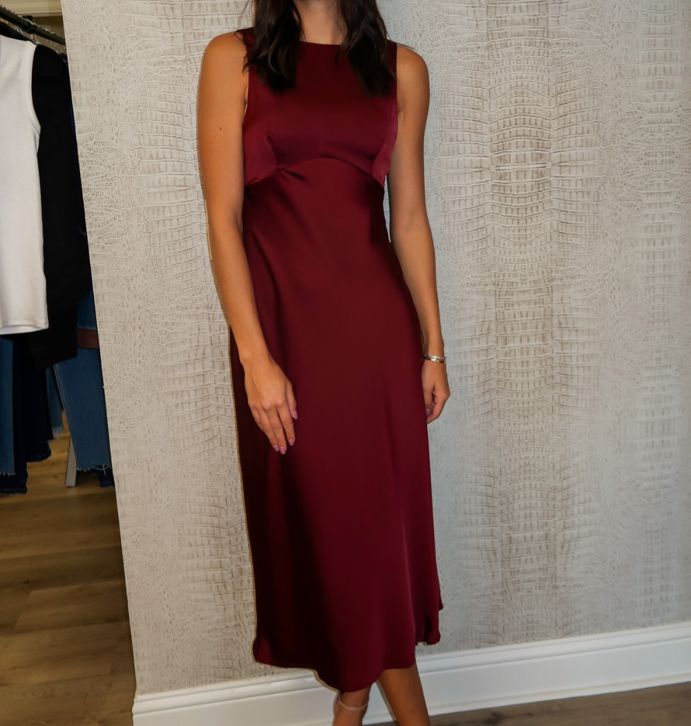 Burgundy Sleeveless Cowl Back Satin Dress