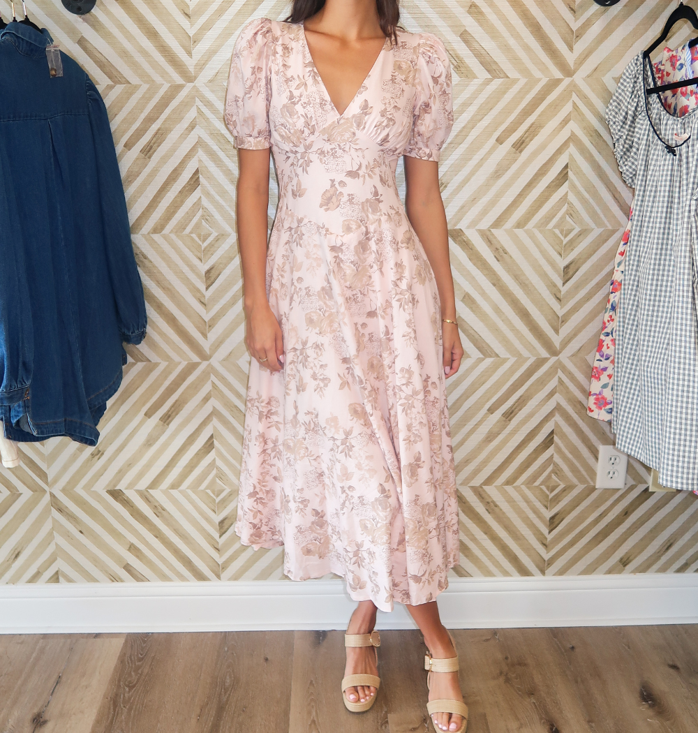 Miya Floral Blush Khaki Puff Sleeve Maxi Dress