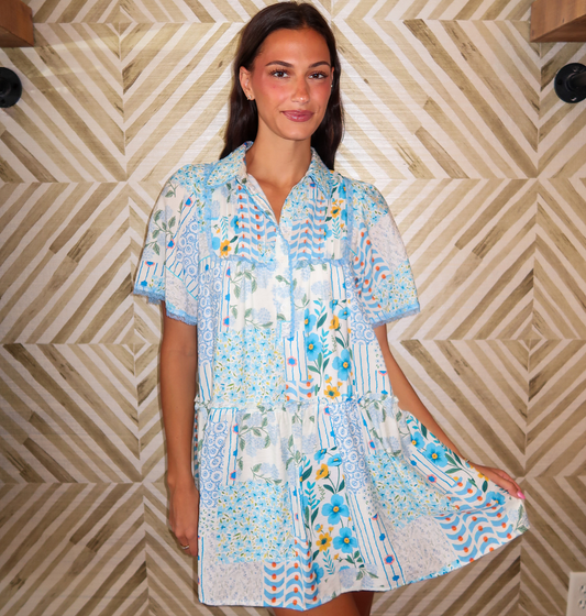 Blue Patchwork Floral Mini Dress