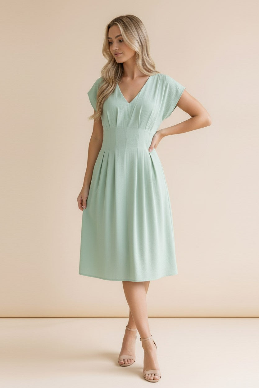 V-Neck Cap Sleeve Dress-Sage