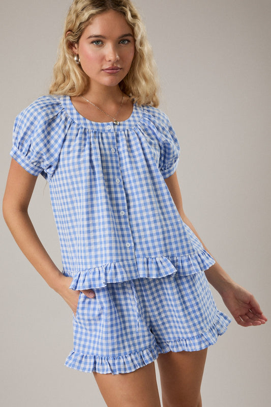 Short Puff Sleeve Gingham Top