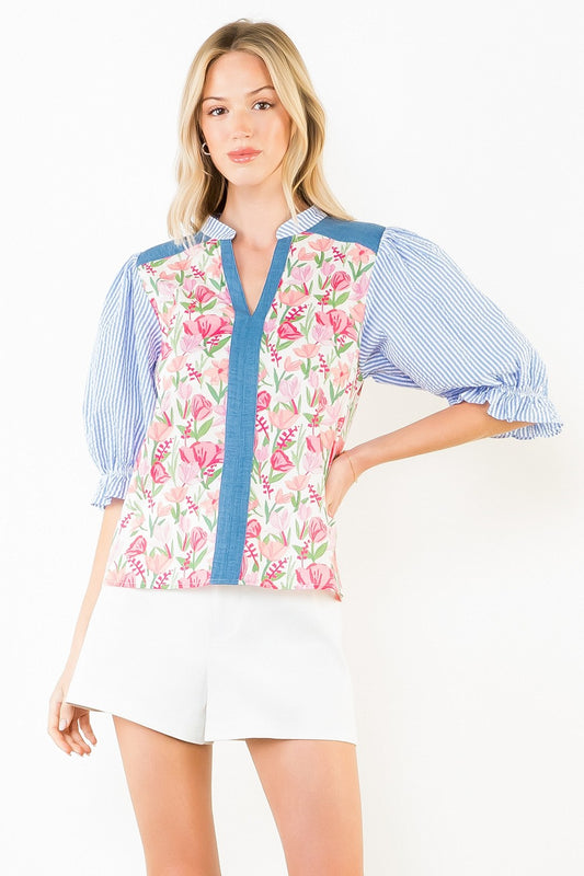 Puff Sleeve Mixed Media Top