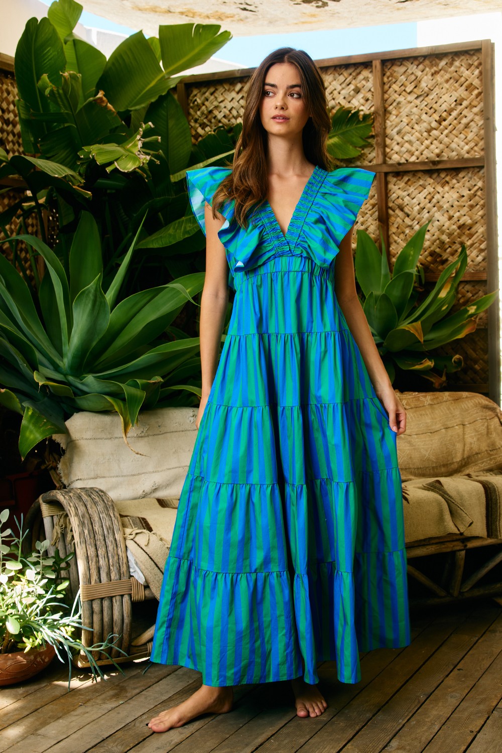 Green/Blue Striped Ruffle-Sleeve Dress
