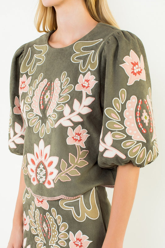 Suede Puff Sleeve Embroidered Flower Top