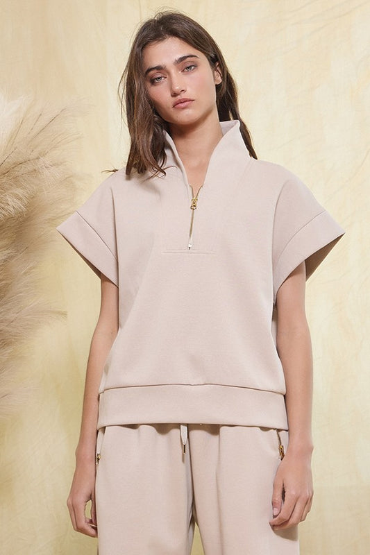 Taupe Scuba Half Zip-Up Short Sleeve Sweatshirt