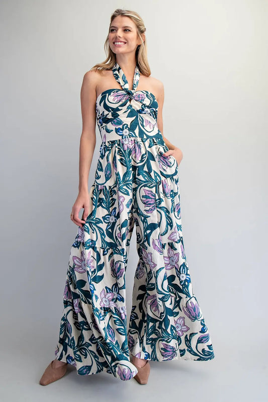 Floral Printed Tie Back Halter Jumpsuit