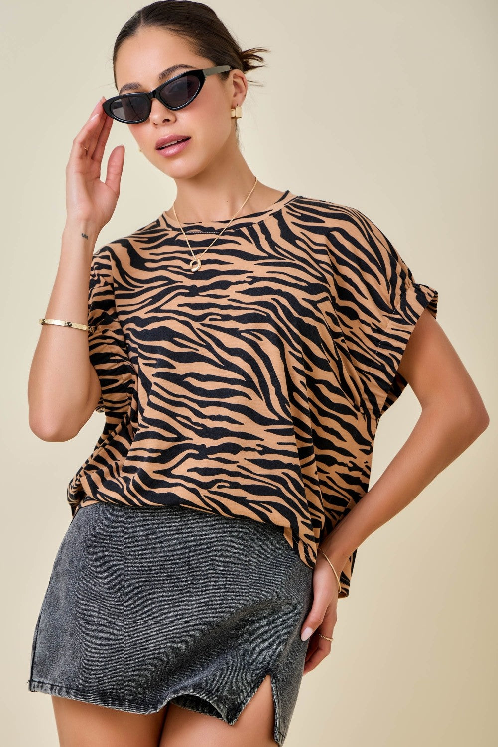 Tiger Print Top With Elastic Sleeves
