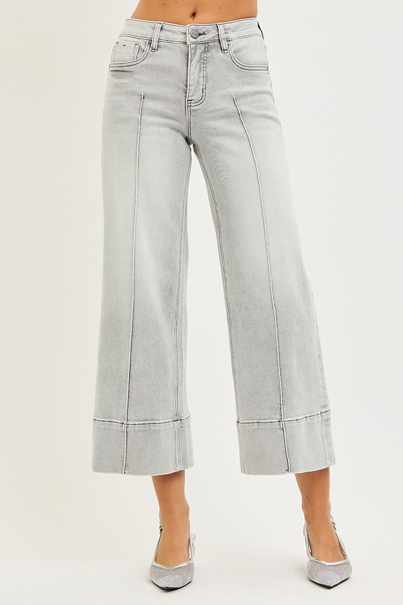 Tummy Control Mid Rise Crop Wide Grey Jeans