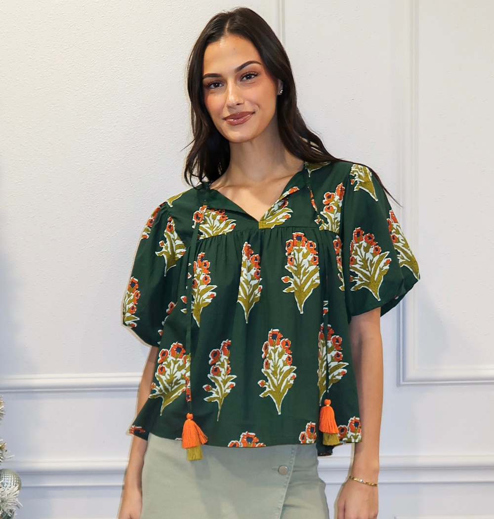 Green Puff Sleeve Floral Top