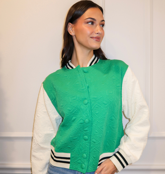 Green Textured Jacket With White Sleeves