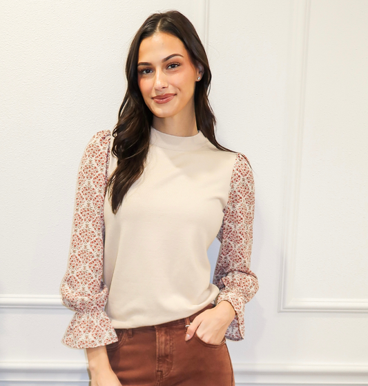 Cream Sweater With Floral Sleeves