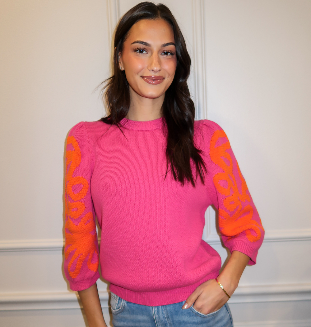 Hot Pink Sweater With Orange Embroidered Sleeves