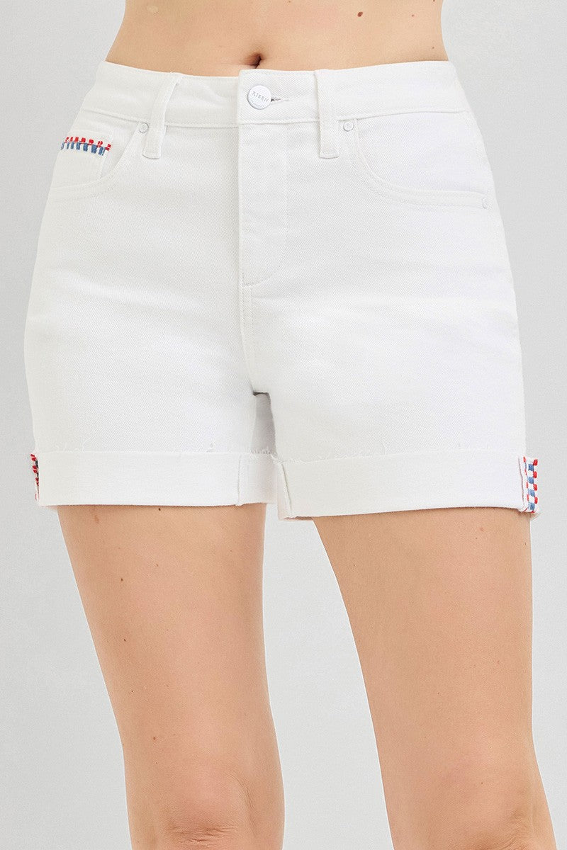 White Cuffed Shorts with Red, White, & Blue Embroidered Detail