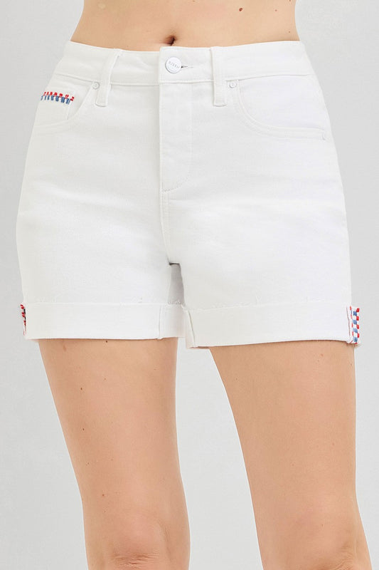 White Cuffed Shorts with Red, White, & Blue Embroidered Detail