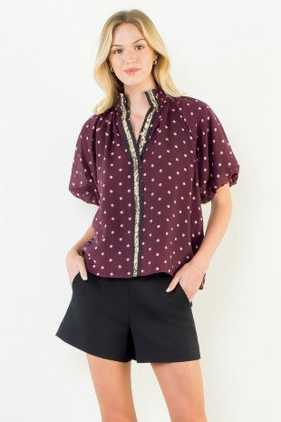 Burgundy Polka Dot Puff Sleeve Top